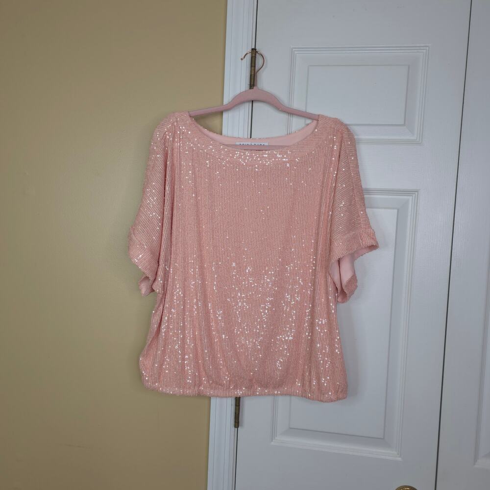 Trina Turk Sprite 2 Blush Pink Sequin Short Sleeve Blouson Blouse Top Size XL